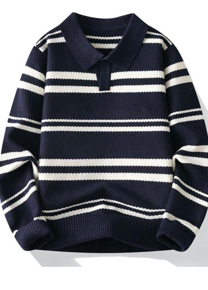 Navy Blue Loose Lapel Collar Knitted Sweater