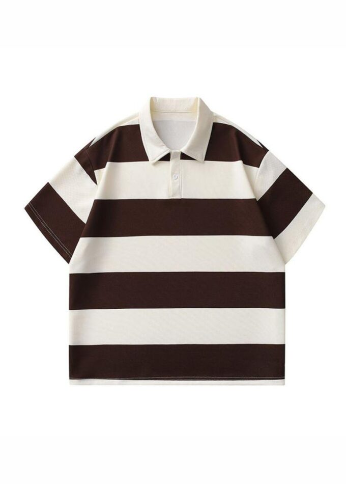 Brown Stripes Half Sleeved Polo Lapel Shirt