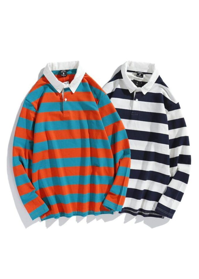 Loose Striped Long-Sleeved Polo Shirt