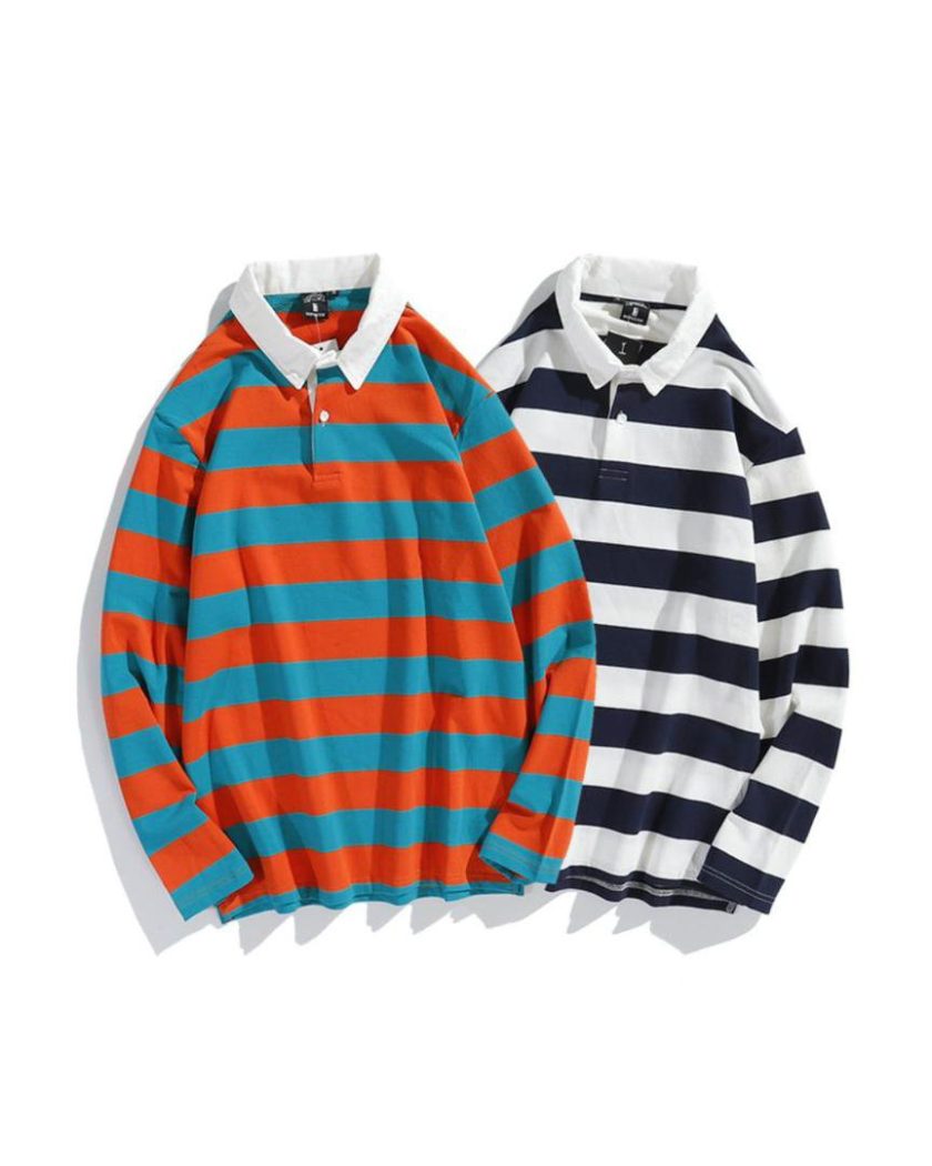 Loose Striped Long-Sleeved Polo Shirt