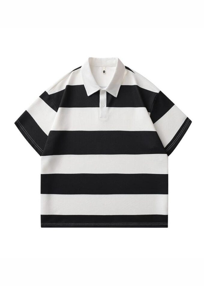 Black/White Stripes Half Sleeved Polo Lapel Shirt