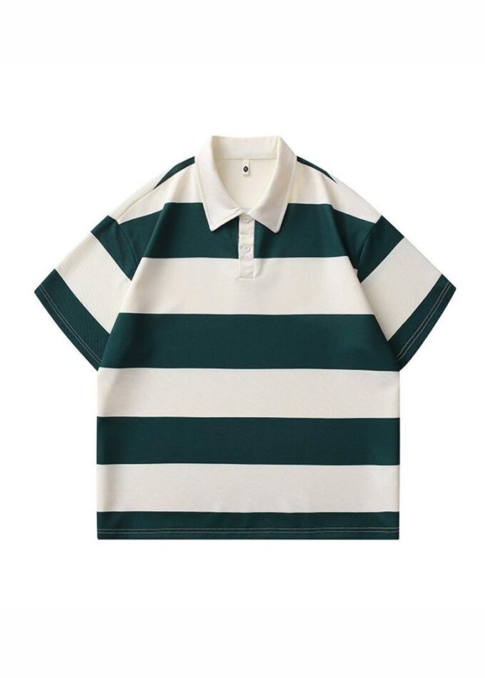 Green Stripes Half Sleeved Polo Lapel Shirt