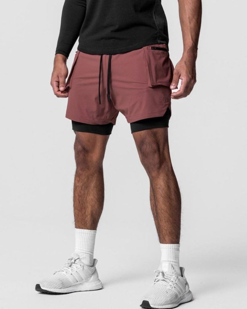 Double Layer Two-Piece Breathable Fitness Shorts Wine-Red - Image 3