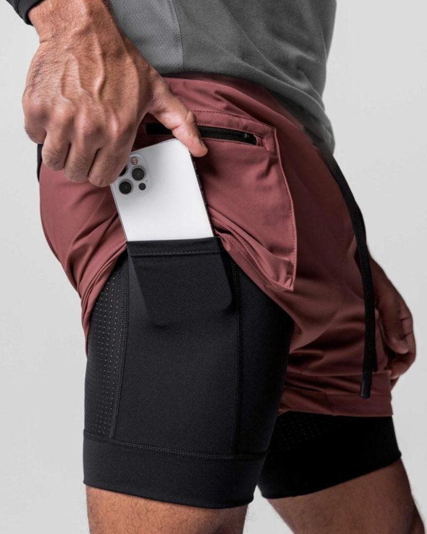 Double Layer Two-Piece Breathable Fitness Shorts Wine-Red - Image 2